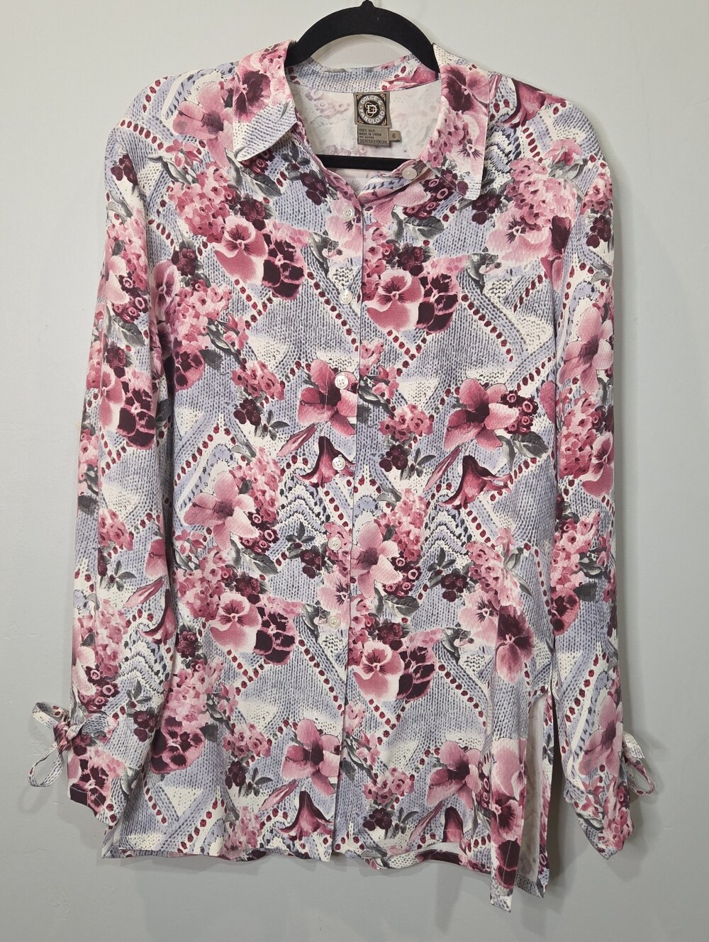 Vintage Dolce & Fabuloso Floral Geometric Print Silk Button Up Blouse Top Sz 6